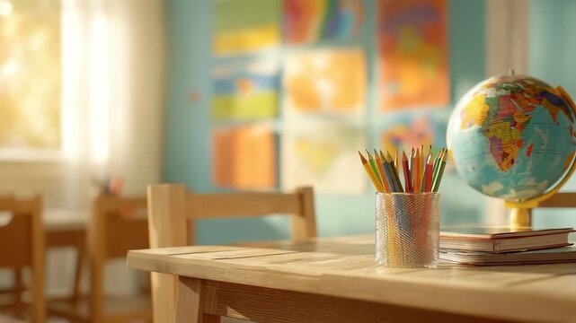 A vibrant and inviting classroom or study setting with pencils, a globe, and a notebook in bright sunlight