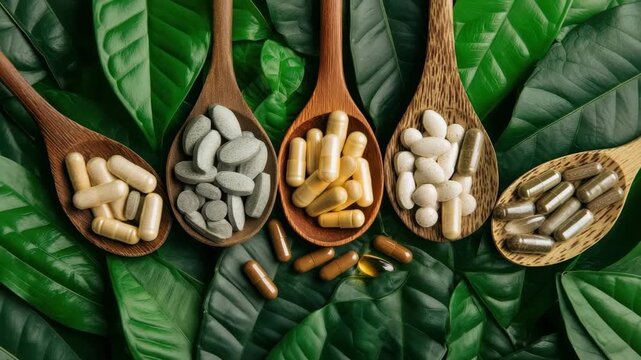 A vibrant top-down flat lay of various nutritional supplements in four wooden spoons on green leaves