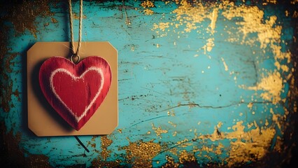 A red heart shaped ornament hanging on a weathered turquoise background