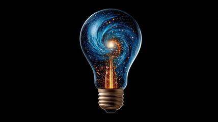 A lightbulb containing a swirling galaxy, representing a universe of ideas, ultra realistic.