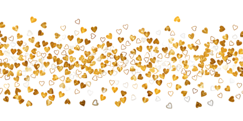 Gold and white hearts scattered on white background isolated on a transparent background confetti