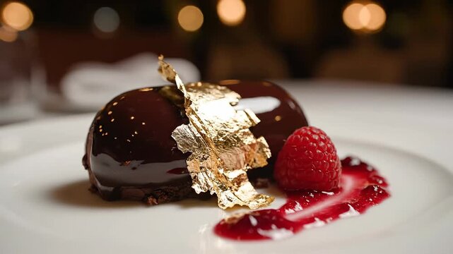 Gourmet chocolate dessert with gold leaf and raspberry garnishing on a white plate