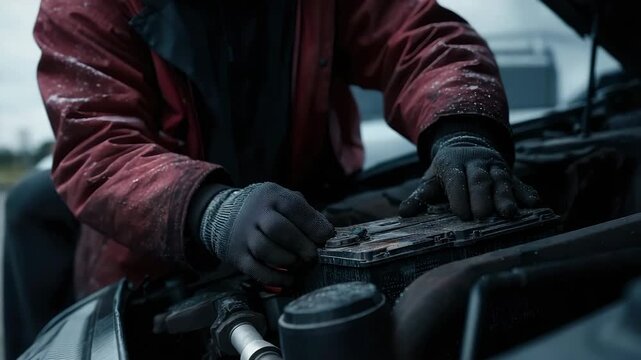 Mechanic's gloved hand checking a car battery in cold winter weather