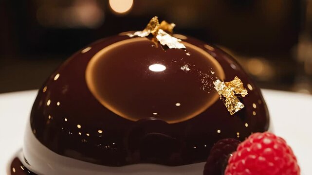 Gourmet chocolate dessert with raspberry and gold leaf decoration