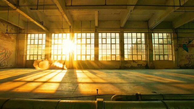Abandoned industrial building with large windows and sunbeams streaming in, highlighting the empty space and exposed infrastructure.
