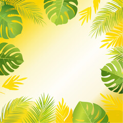 Bright yellow summer background with tropical realistic monstera and palm leaves. Background design for advertising leaflet, banner, flyer. Vector illustration