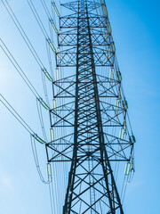 High voltage electric pole power line electric transmission tower background, technology energy clean ecosystem change green environment, substation construction pylon generator grid electricity.