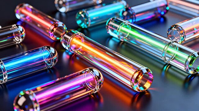 Colorful glowing test tubes on surface