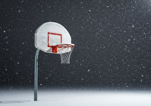 A lonely basketball hoop stands coated in fresh winter snow while flakes continue to fall from the gray sky, symbolizing the end of the playing season ,snowing, covered, season