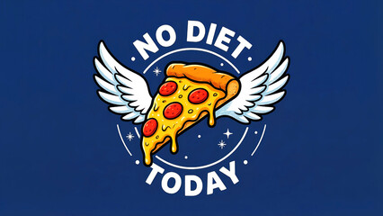 Funny cartoon graphic featuring a slice of pepperoni pizza with white angelic wings proclaiming the humorous phrase no diet today