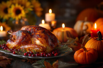 Roasted turkey centerpiece on an autumn holiday dinner table, surrounded by pumpkins and candles
