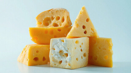 Various pieces of fresh swiss cheese with holes, stacked on a blue background