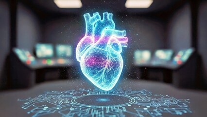 Glowing Neon Digital Heart Projection with Advanced Technology and Sci Fi Aesthetic Nodes