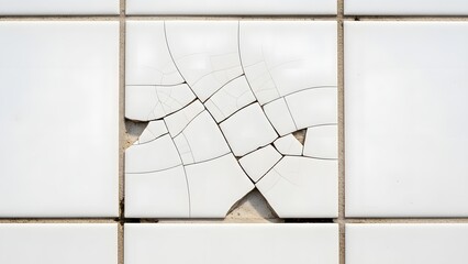 Close up of cracked white ceramic tiles with visible grout lines broken