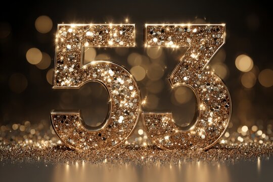 Sparkling Golden Number 53 with Glittering Background for Celebration