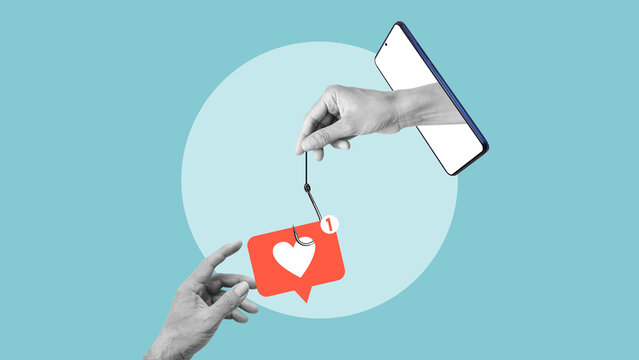 Online Dating Scam Concept - Social Media Like as Bait on Fishing Hook. Romance Scam and Virtual Deception. Online Fraud and Catfishing