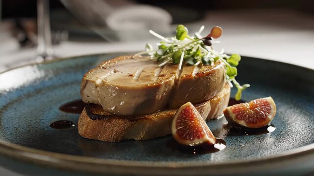 Gourmet dish presentation on plate with bread figs and herbs