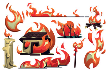 Cartoon Fire Decorative Elements Set, Flames, Burning Symbols and Fire Icons