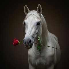 Obraz premium Majestic white stallion headshot holding a beautiful single crimson rose carefully in its mouth against a soft background perfect for romance ,white ,scarlet ,passion