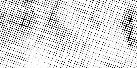 Abstract monochrome dotted halftone background with rough texture, ideal for branding, web, and print design.