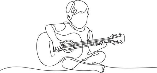 Single continuous line drawing of a child holding a guitar.one line vector illustration with out background