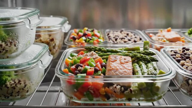 Prepared meals in glass containers ready to eat for healthy diet