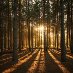 Obraz premium Warm summer light filters through the dense canopy of a towering pine forest, highlighting green needles and dry earth textures, green, vacation, tall