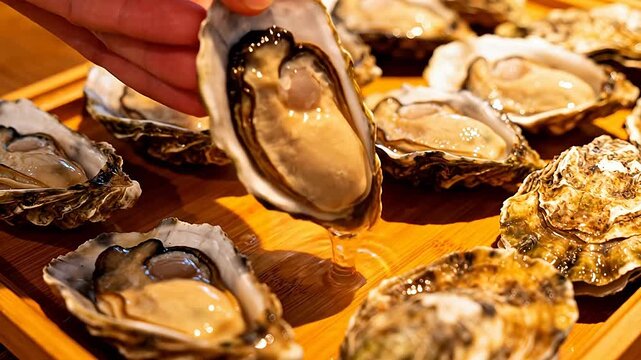 Fresh oysters on a wooden tray