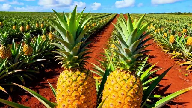 Ripe pineapples growing in a field on a sunny day with red soil and green leaves