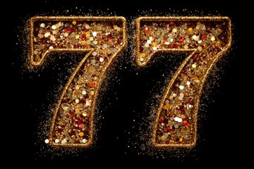 Golden Glitter Number 77 with Colorful Sparkles on Black Background