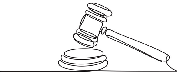 Judge hammer one continuous single line art drawing, One line drawing of judge hammer law symbol continuous hand drawn sketch.one line vector illustration with out background