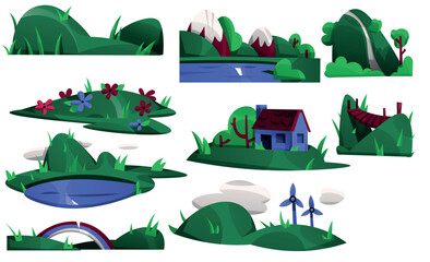 Cartoon Nature Landscape Elements, Hills, Trees, Rivers and Houses Set