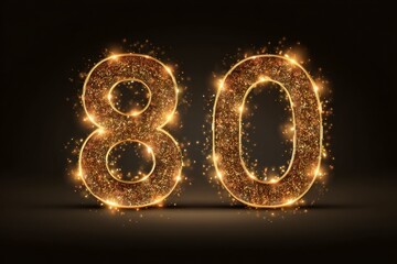 Sparkling Golden Number 80 with Shimmering Lights on Dark Background