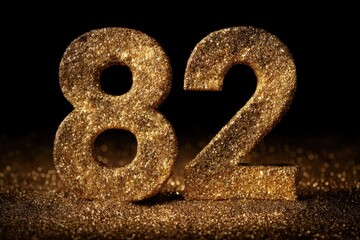 Glittering Gold Number 82 on Black Background Sparkles Brightly