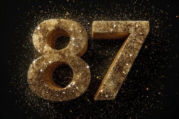 Glittering Golden Number 87 with Sparkles on Dark Background