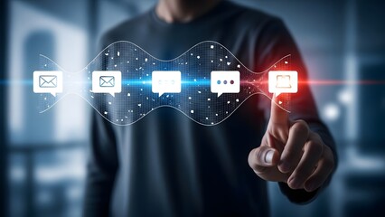 Man interacting with futuristic digital interface and glowing icons