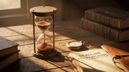 Hourglass with sand sits wooden table surrounded by books and pocket watch, evoking sense