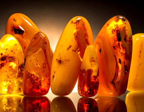 Close-up of smooth, translucent golden-orange fossilized tree resin