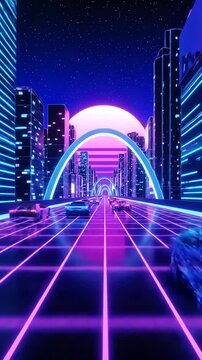 Futuristic synthwave city drive with neon lights and purple sunset, retro 80s sci-fi loop animation