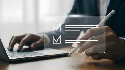 Person interacting with laptop and digital checklist overlay