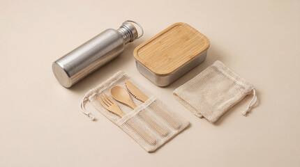 Eco friendly lunch set includes stainless steel bottle, bamboo container, and utensils