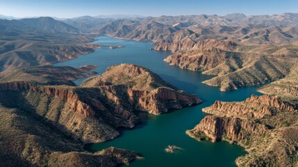 Fototapeta premium Aerial View of Shrinking Reservoir Amidst Seasonal Water Scarcity in Diverse Landscape