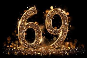 Sparkling Golden Number Sixty-Nine on a Shimmering Dark Background