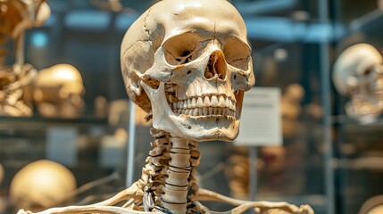 Medical human skeleton display in science museum educational anatomy exhibit