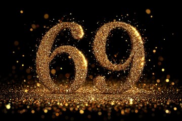 Glittering Golden Number Sixty-Nine on Sparkly Black Background