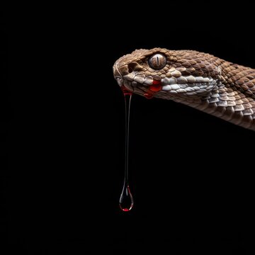 A close up macro view of deadly viper venom dripping slowly from the snake's fangs, showcasing the lethal biological toxin ,predator ,dangerous ,wild