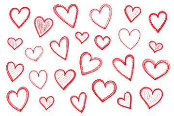 Red and white hearts on white background isolated on a transparent background black hand-drawn