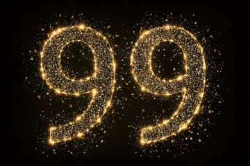 Sparkling Golden Number 99 with Shimmering Stars on Black Background