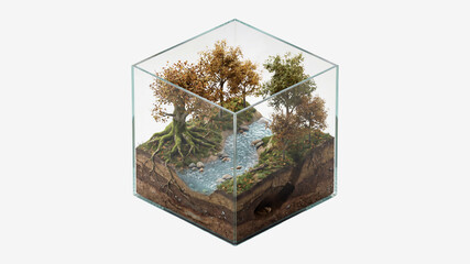 Ecosystem cube showing miniature forest river landscape