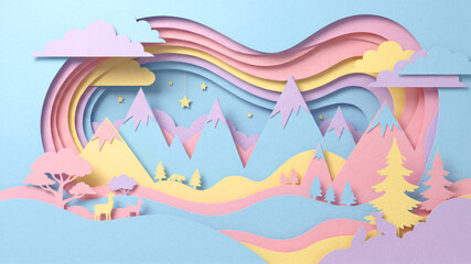 Pastel paper cut mountain landscape with wildlife